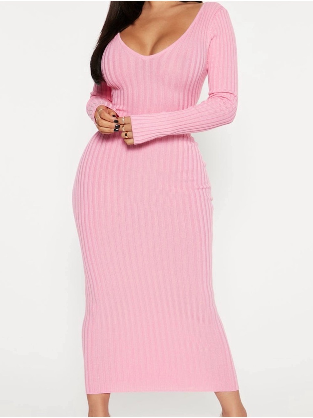Ribbed Long Sleeve Scoop Neck Midi Dress - Pink